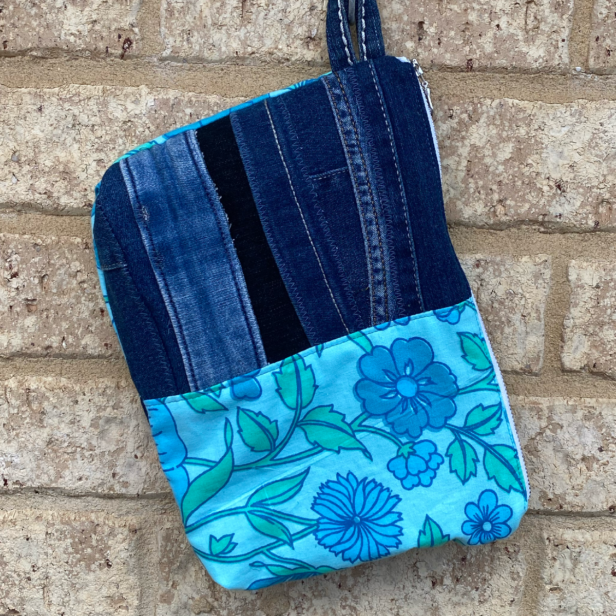Handmade Pouch Cosmetic Bag Upcycled Vintage Retro - Blue Jean Bloom