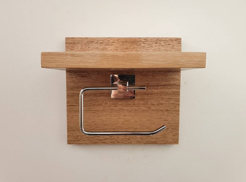 Tasmanian Oak Chrome Toilet Roll Holder with Shelf