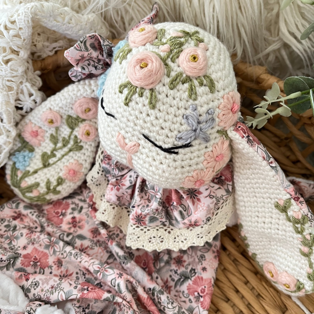 Crochet Personalised Bunny Snuggler, Crochet Embroidered Bunny Snuggler