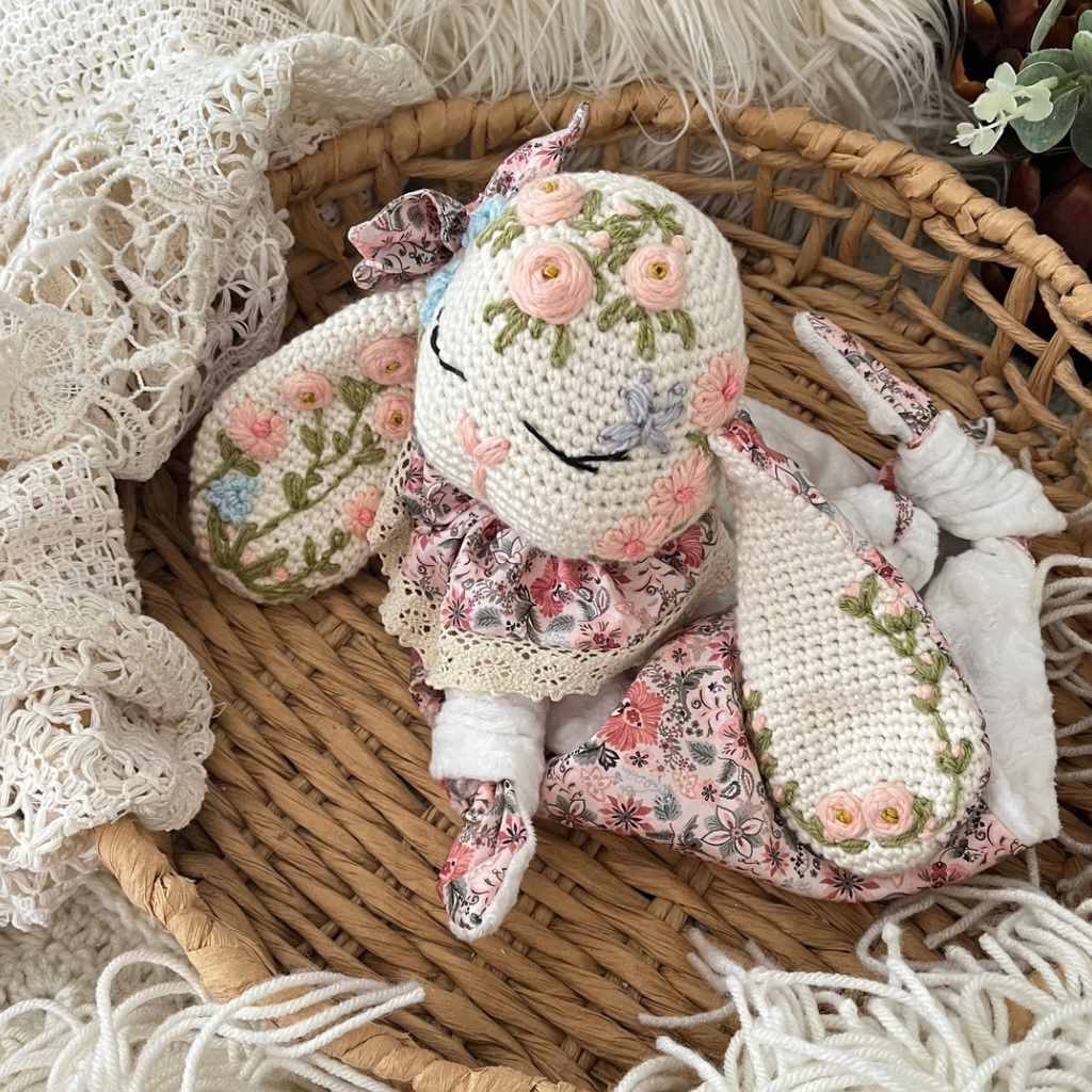 Crochet Personalised Bunny Snuggler, Crochet Embroidered Bunny Snuggler