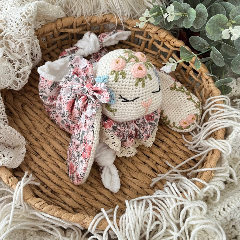 Crochet Personalised Bunny Snuggler, Crochet Embroidered Bunny Snuggler
