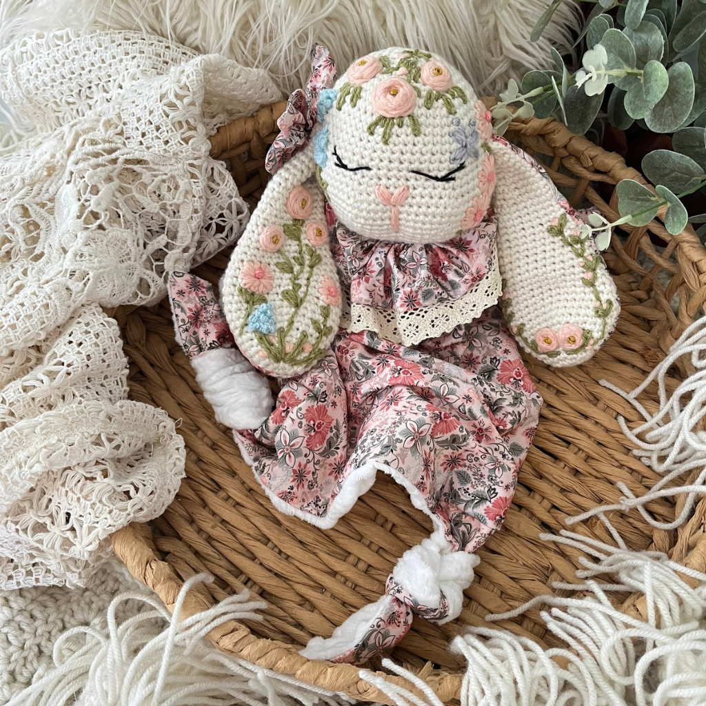Crochet Personalised Bunny Snuggler, Crochet Embroidered Bunny Snuggler