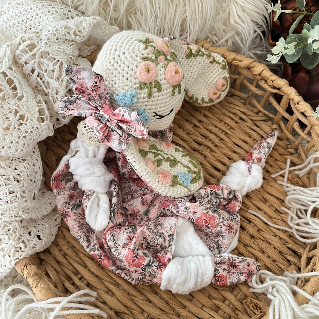 Crochet Personalised Bunny Snuggler, Crochet Embroidered Bunny Snuggler