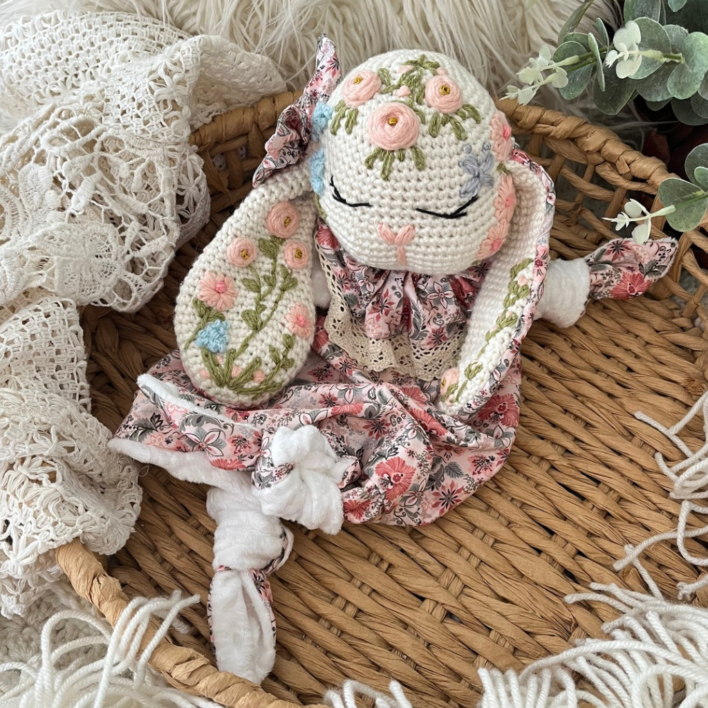 Crochet Personalised Bunny Snuggler, Crochet Embroidered Bunny Snuggler