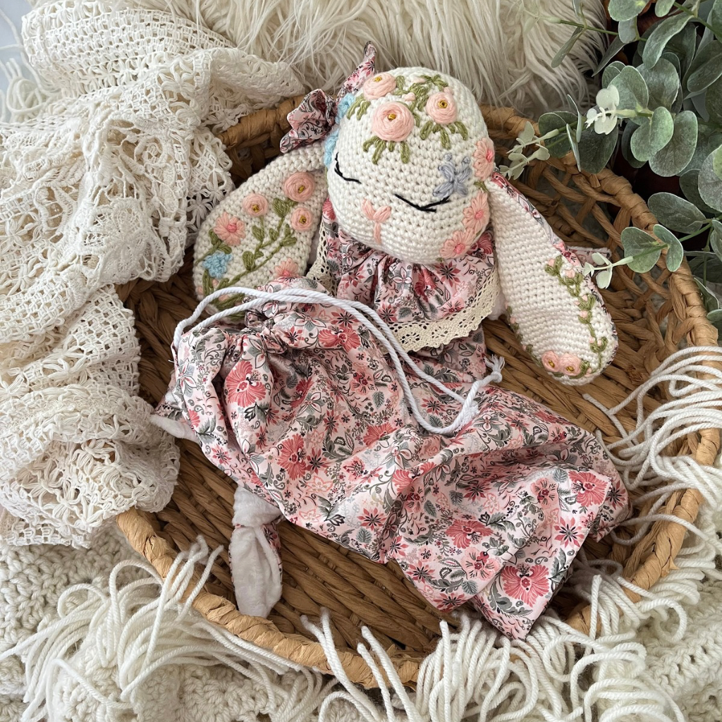 Crochet Personalised Bunny Snuggler, Crochet Embroidered Bunny Snuggler