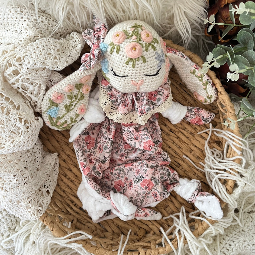 Crochet Personalised Bunny Snuggler, Crochet Embroidered Bunny Snuggler