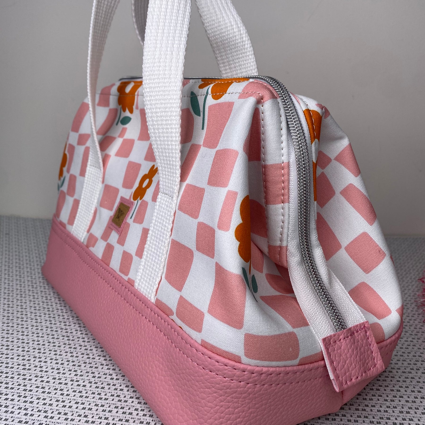 Project Bag - Pink & White Check with Orange Flowers and a Pink Faux Leather Base