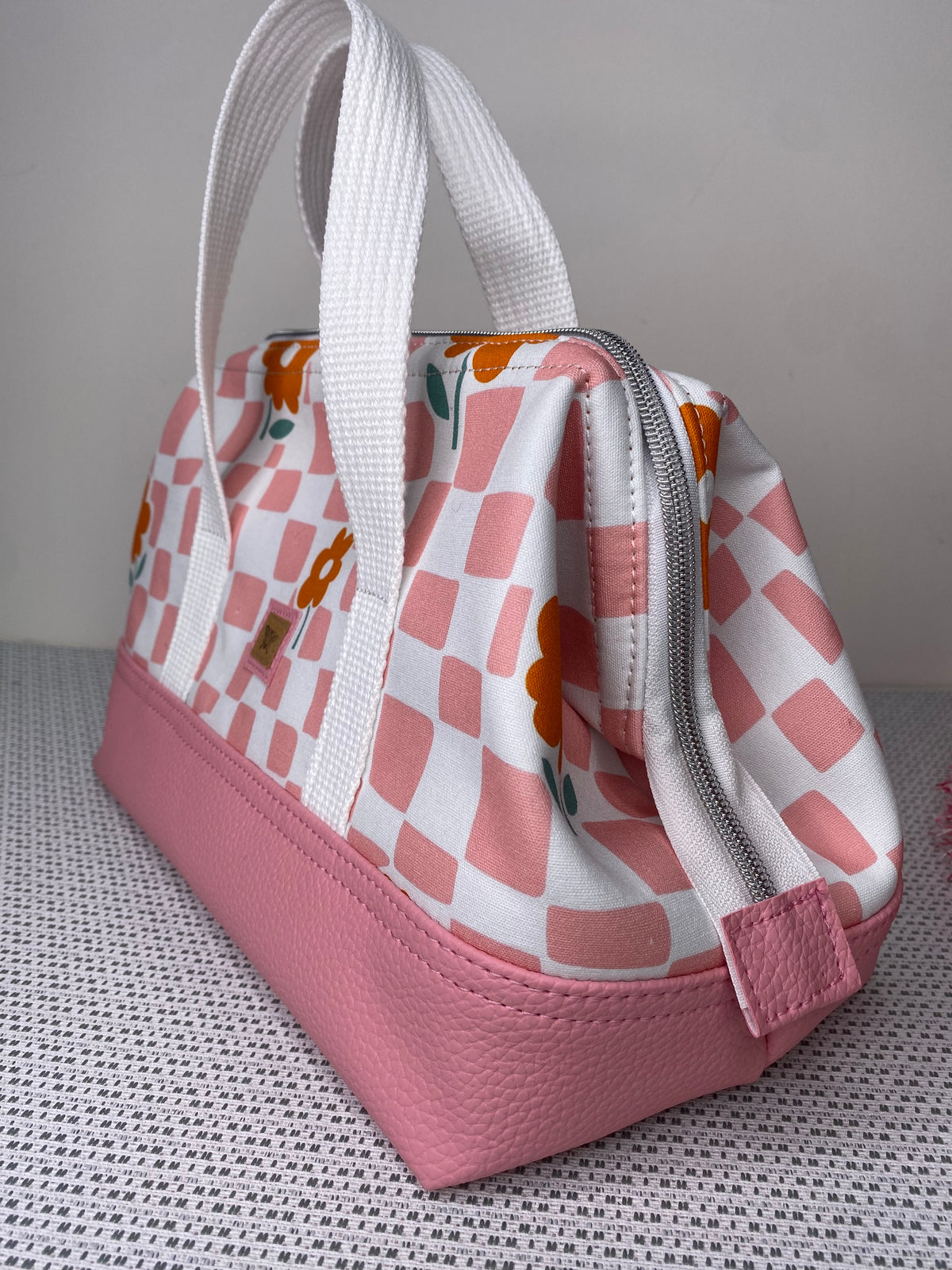 Project Bag - Pink & White Check with Orange Flowers and a Pink Faux Leather Base