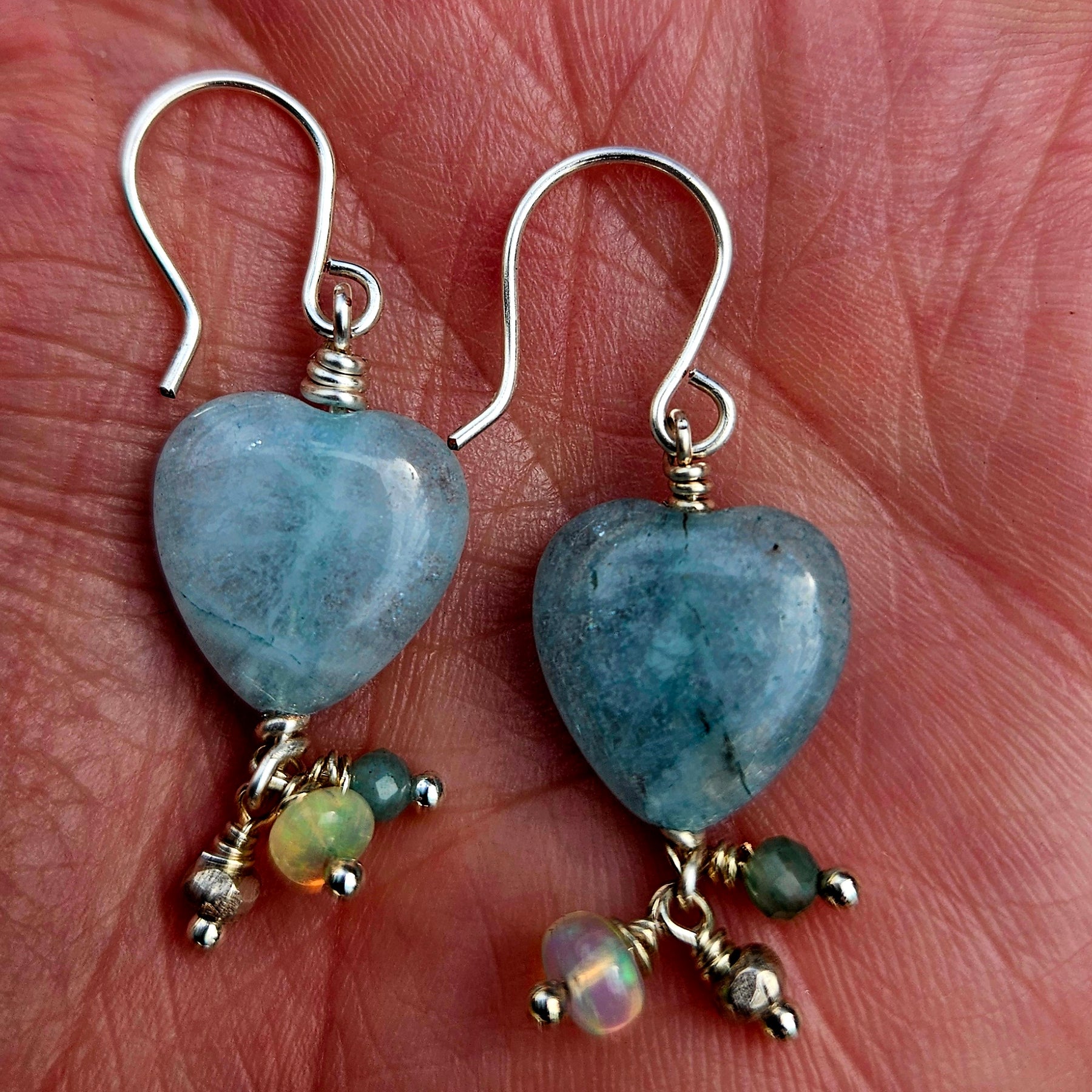 Aquamarine Heart & Ethiopian Opal Earrings