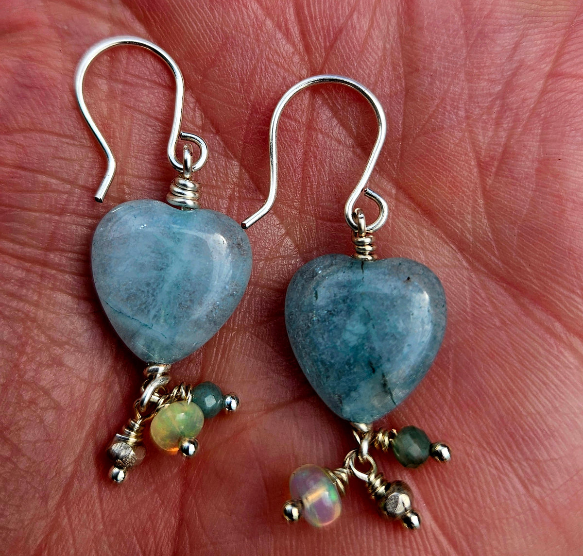 Aquamarine Heart & Ethiopian Opal Earrings