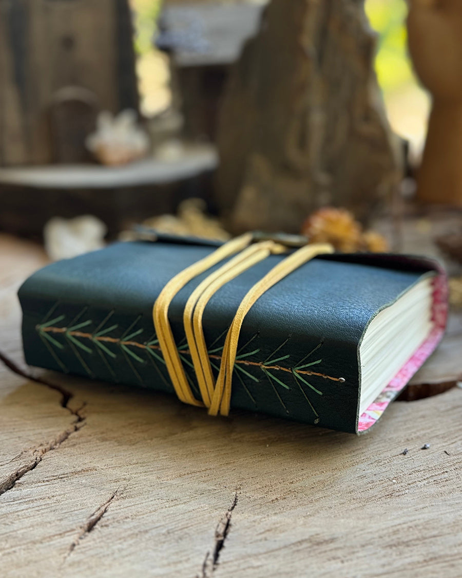 Bottle Green Pine Tree-Stitched Leather A6 Journal
