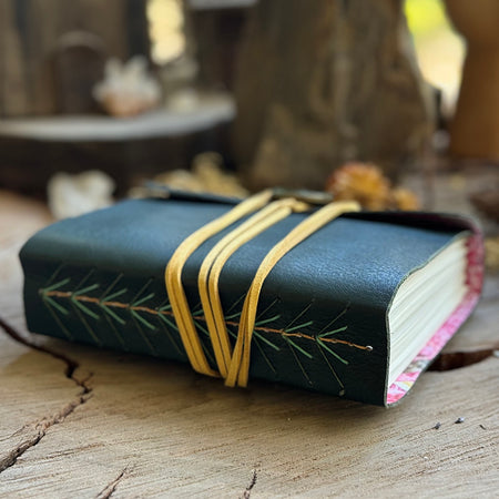 Bottle Green Pine Tree-Stitched Leather A6 Journal