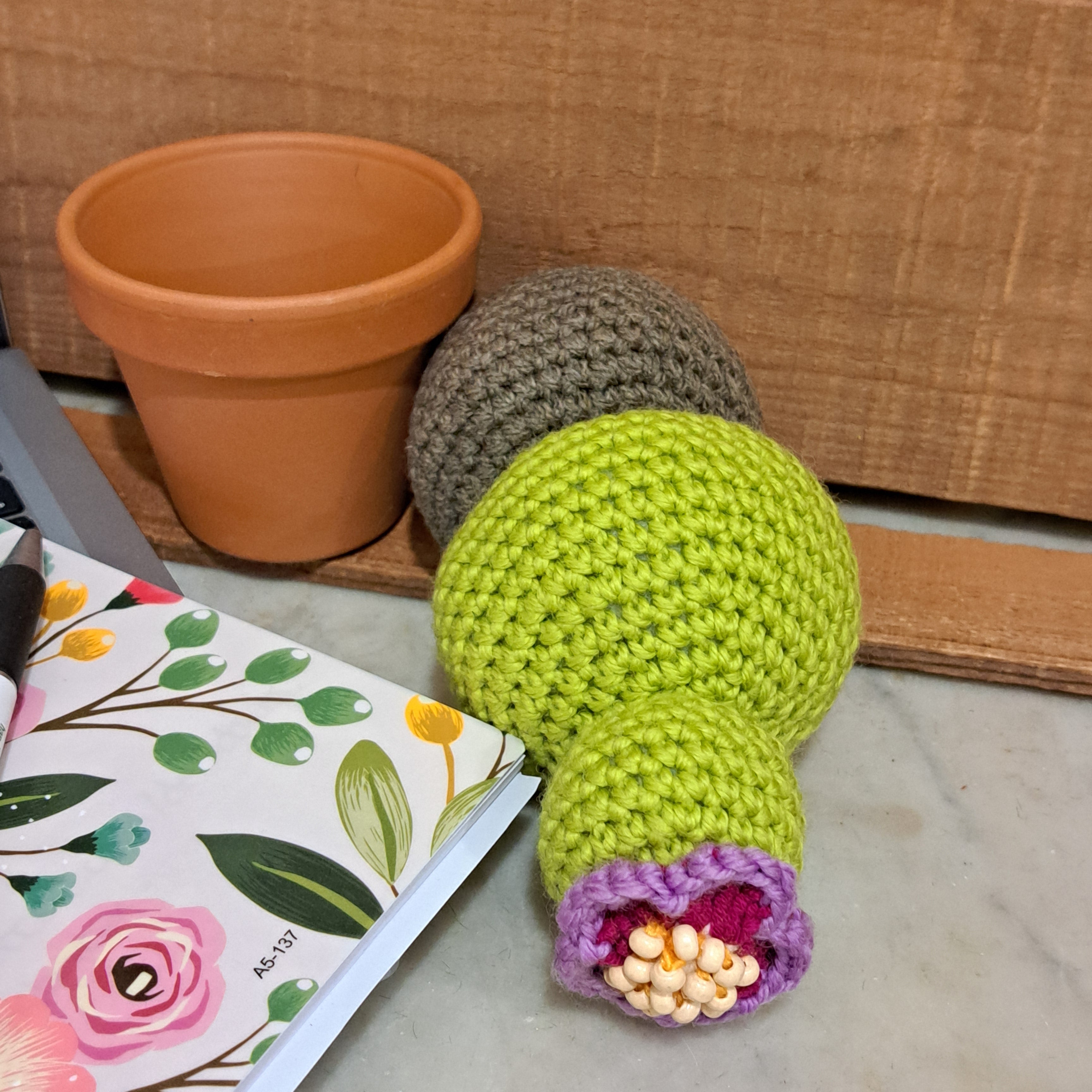 Crochet cactus/ in a terracotta pot/ purple beaded flower
