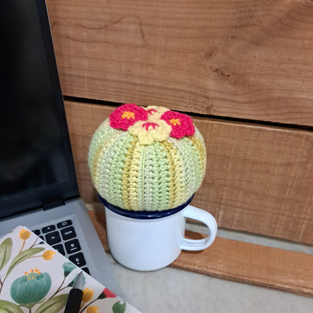 Crochet cactus/in a tin mug/ crochet pink and yellow flowers.