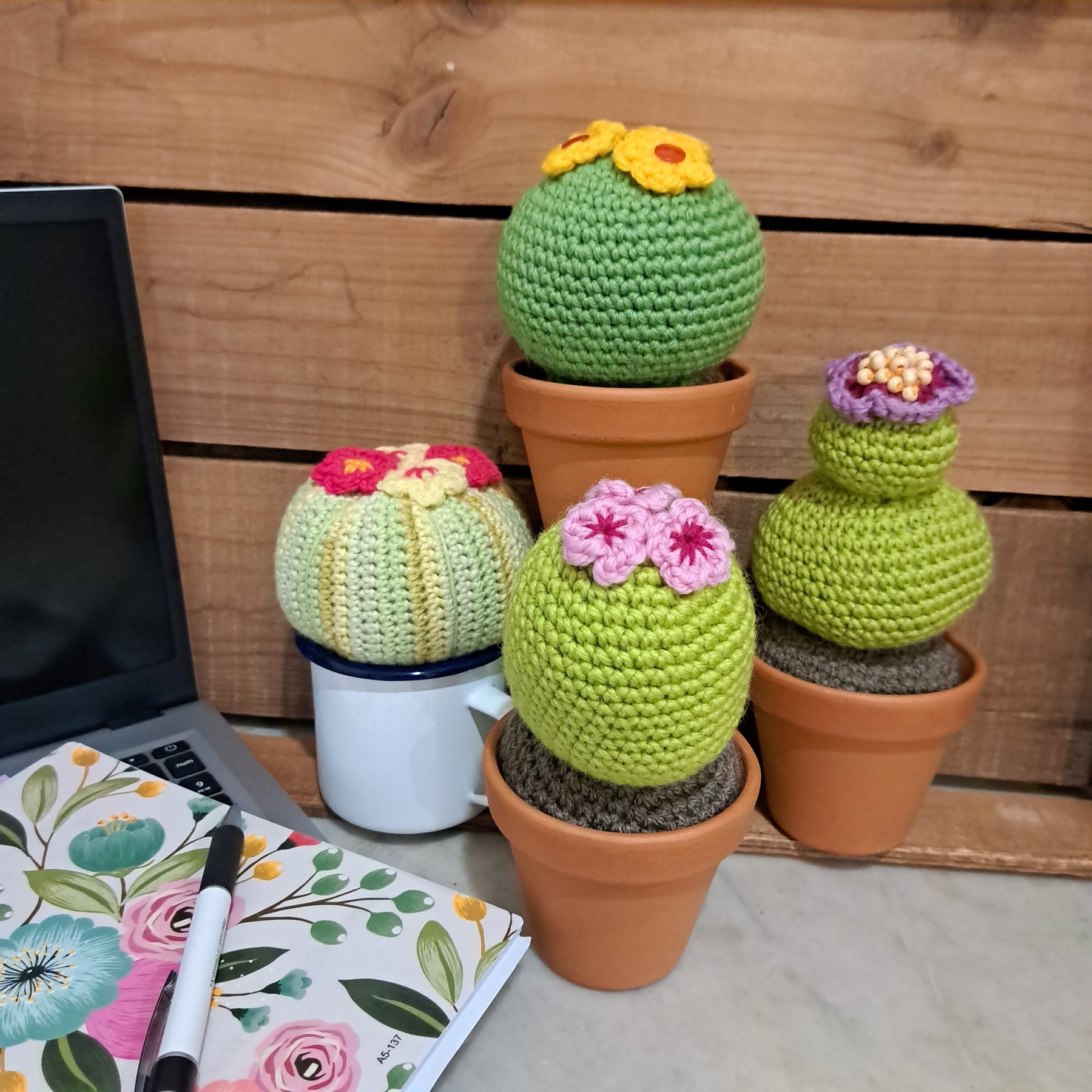 Crochet cactus/ in a terracotta pot/ purple beaded flower