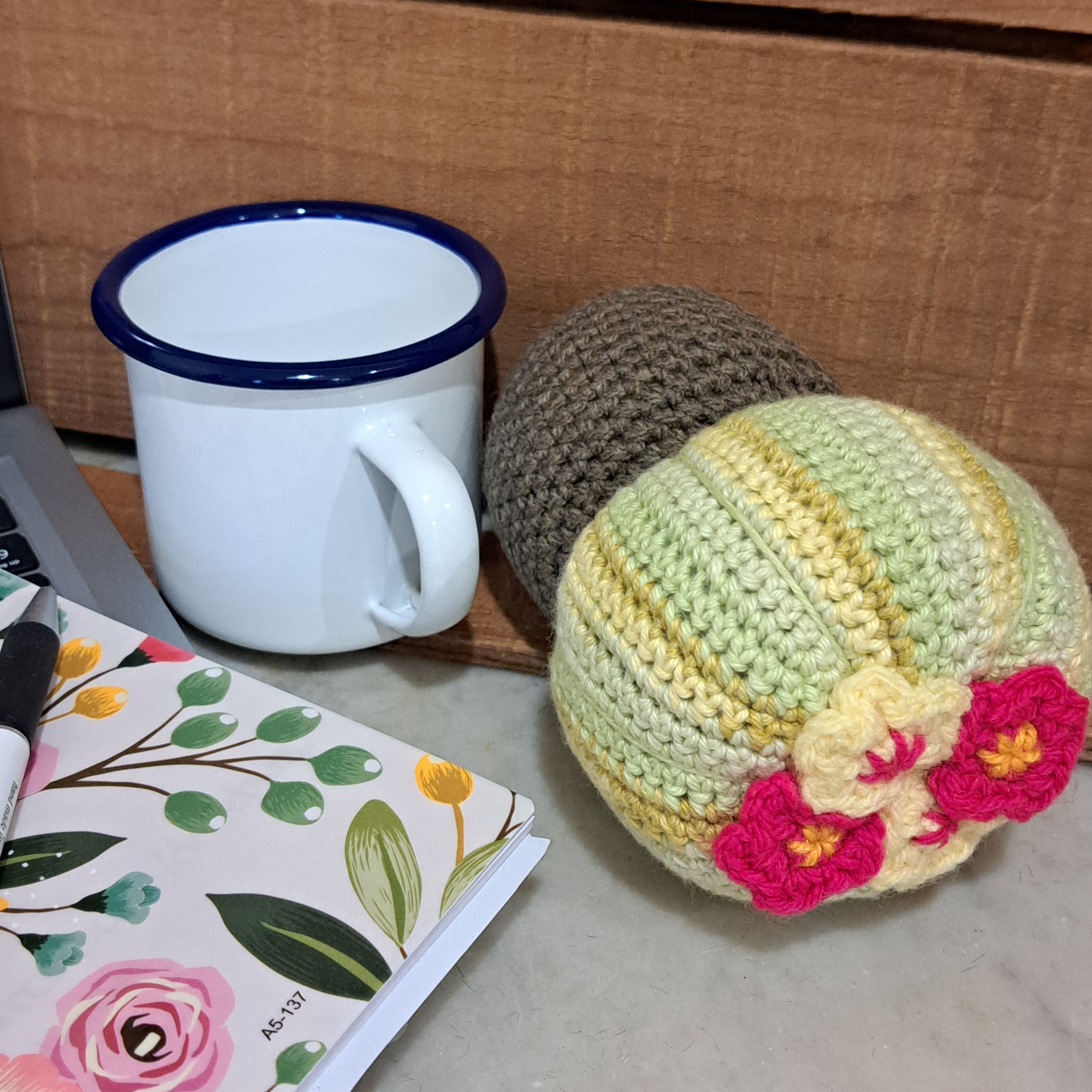 Crochet cactus/in a tin mug/ crochet pink and yellow flowers.