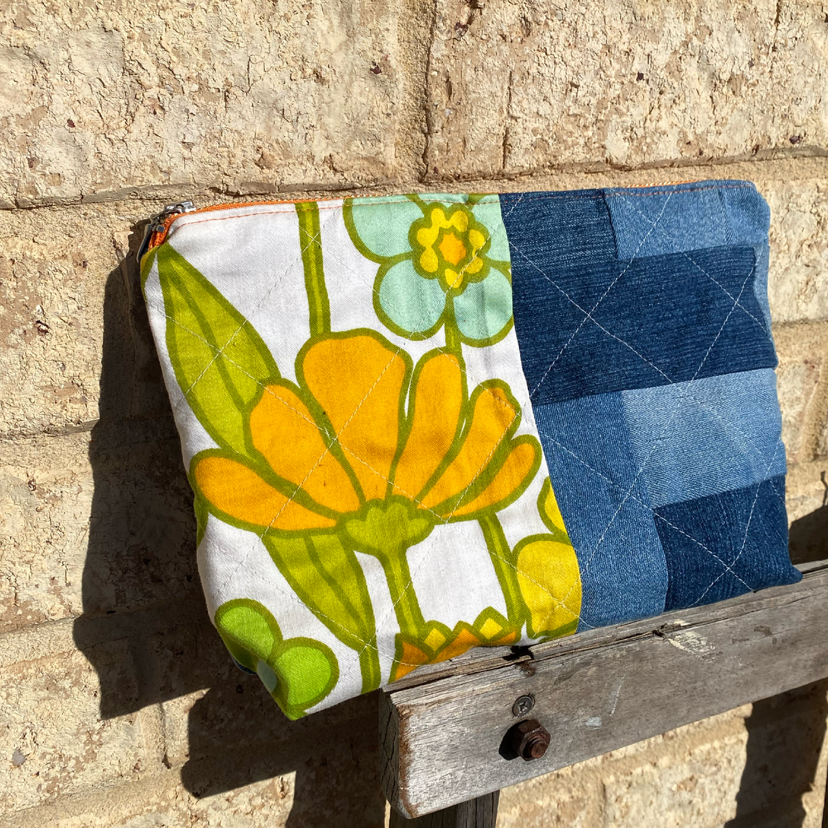 Handmade Pouch Cosmetic Bag Upcycled Vintage Retro - Orange Marigold