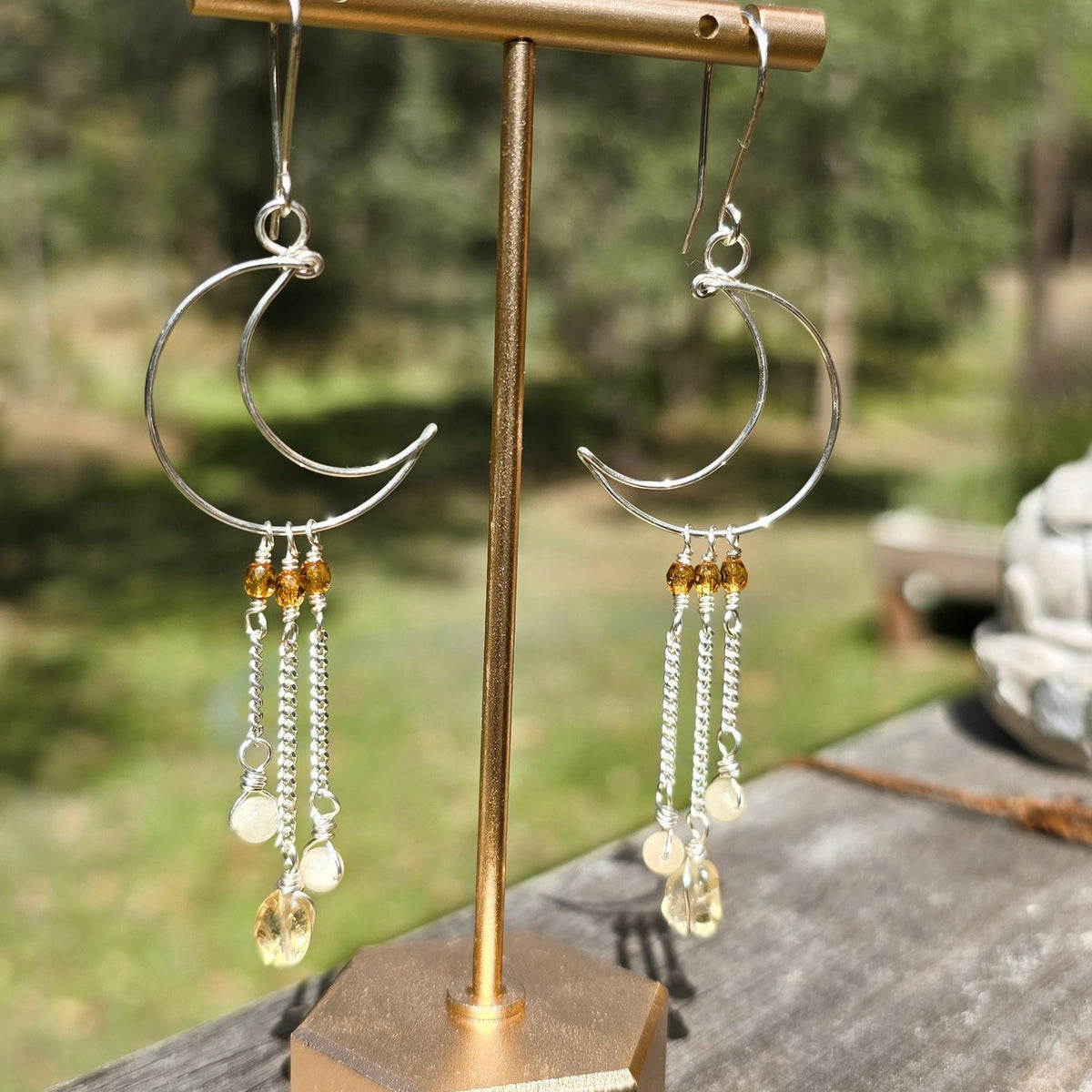 Crescent Moon Earrings in Sterling Silver with Citrine & Onyx
