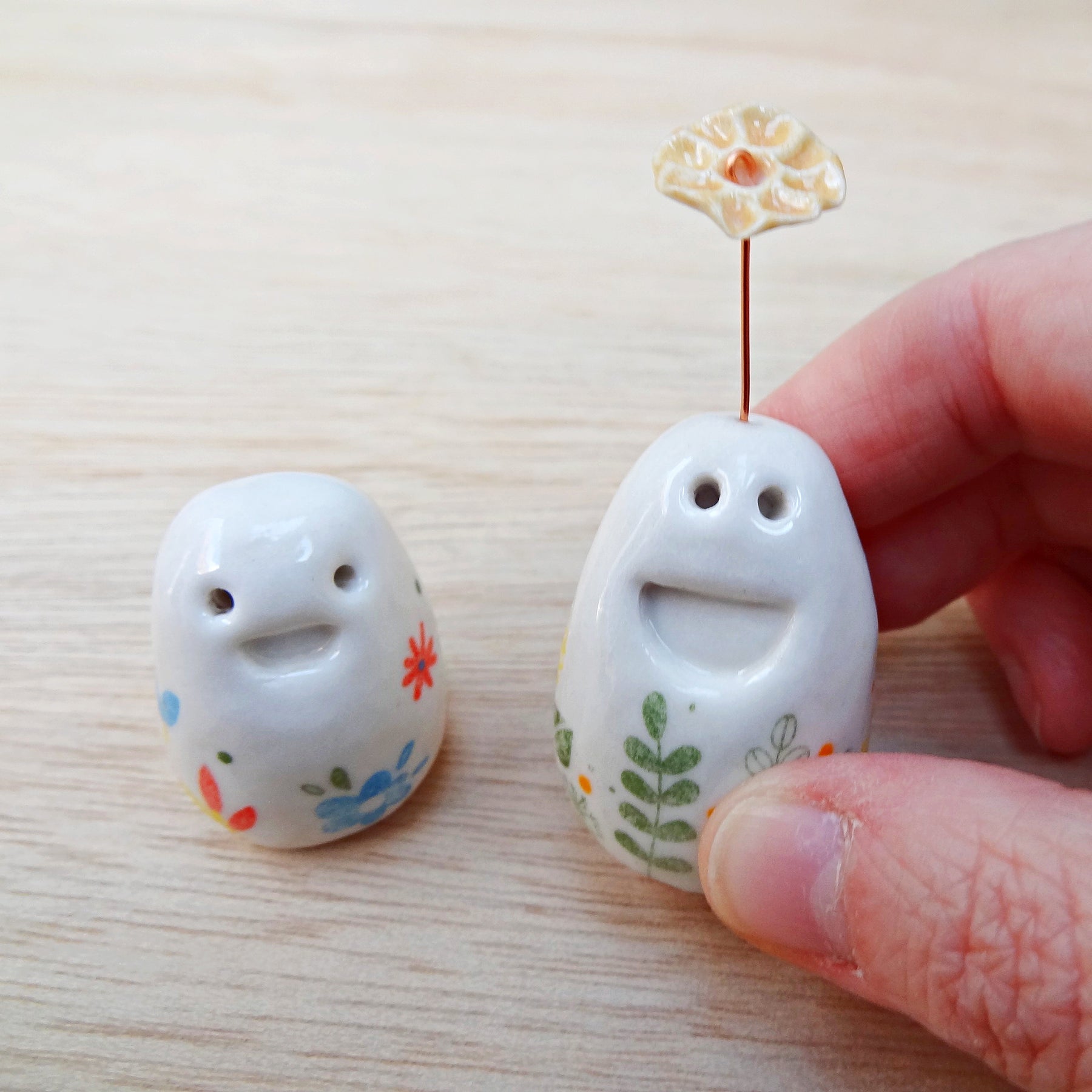 Set of 2 miniature ceramic pebble pets. Collectable tiny ceramic pottery stone friends. Handmade Whimsical Shelf or desk decor