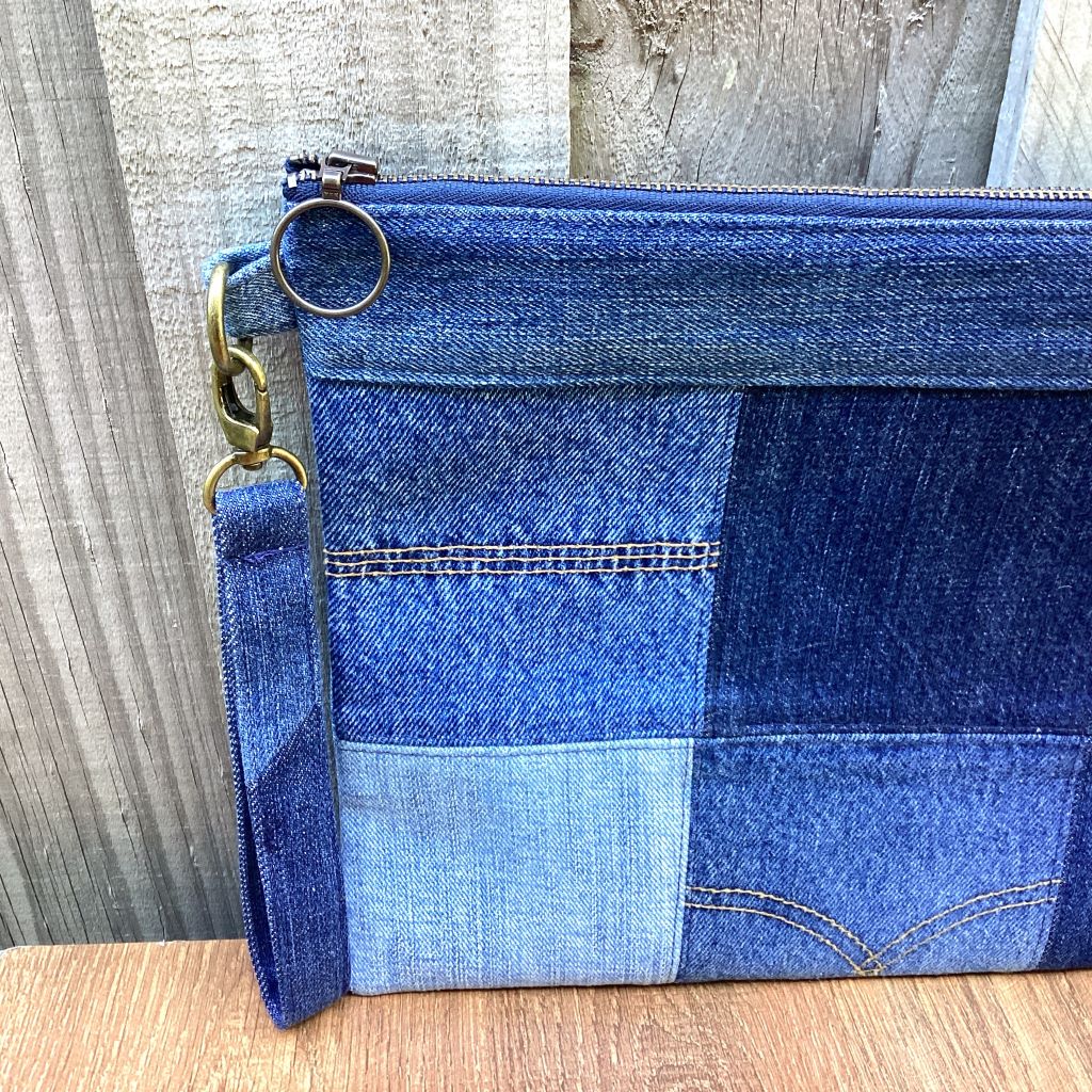 Large Upcycled Denim Pouch #7 - Patchwork Squares