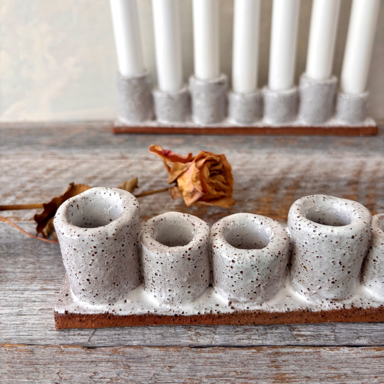 Ceramic Candle Stick Holder/Candelabra - rustic with speckles