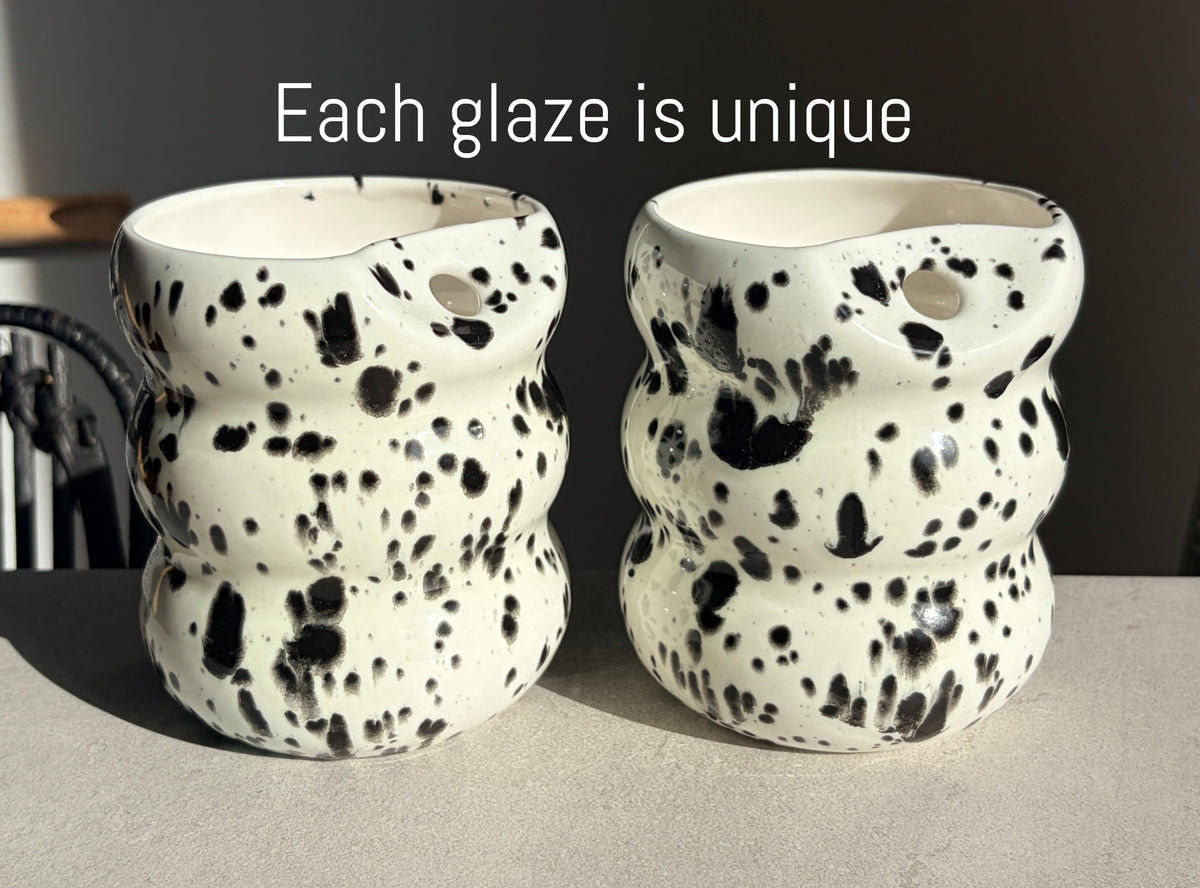 Handcrafted Porcelain Tumbler with Silicon Straw, 600mL Bubble Cup in Dalmatian Glaze