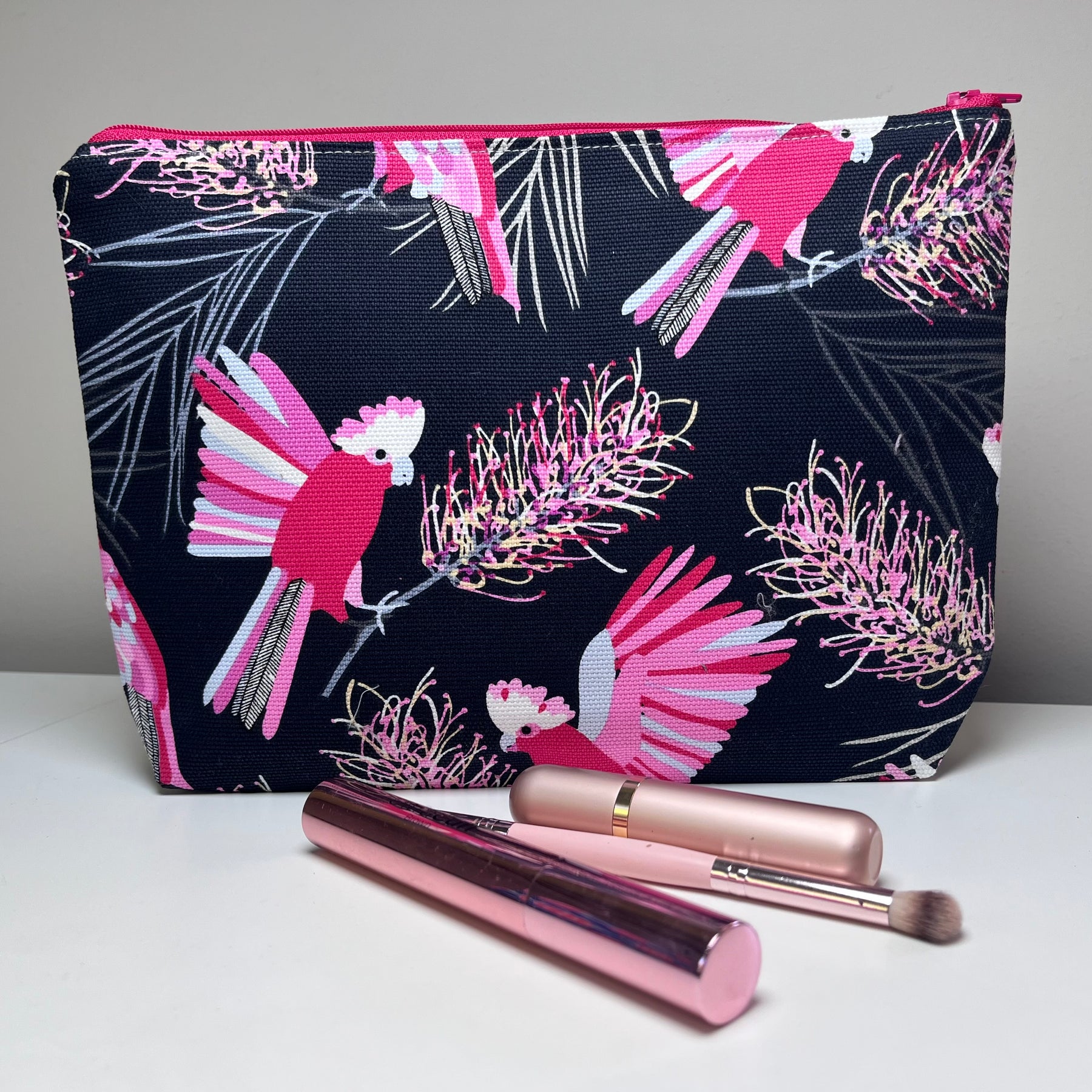Black and pink galahs toiletries bag