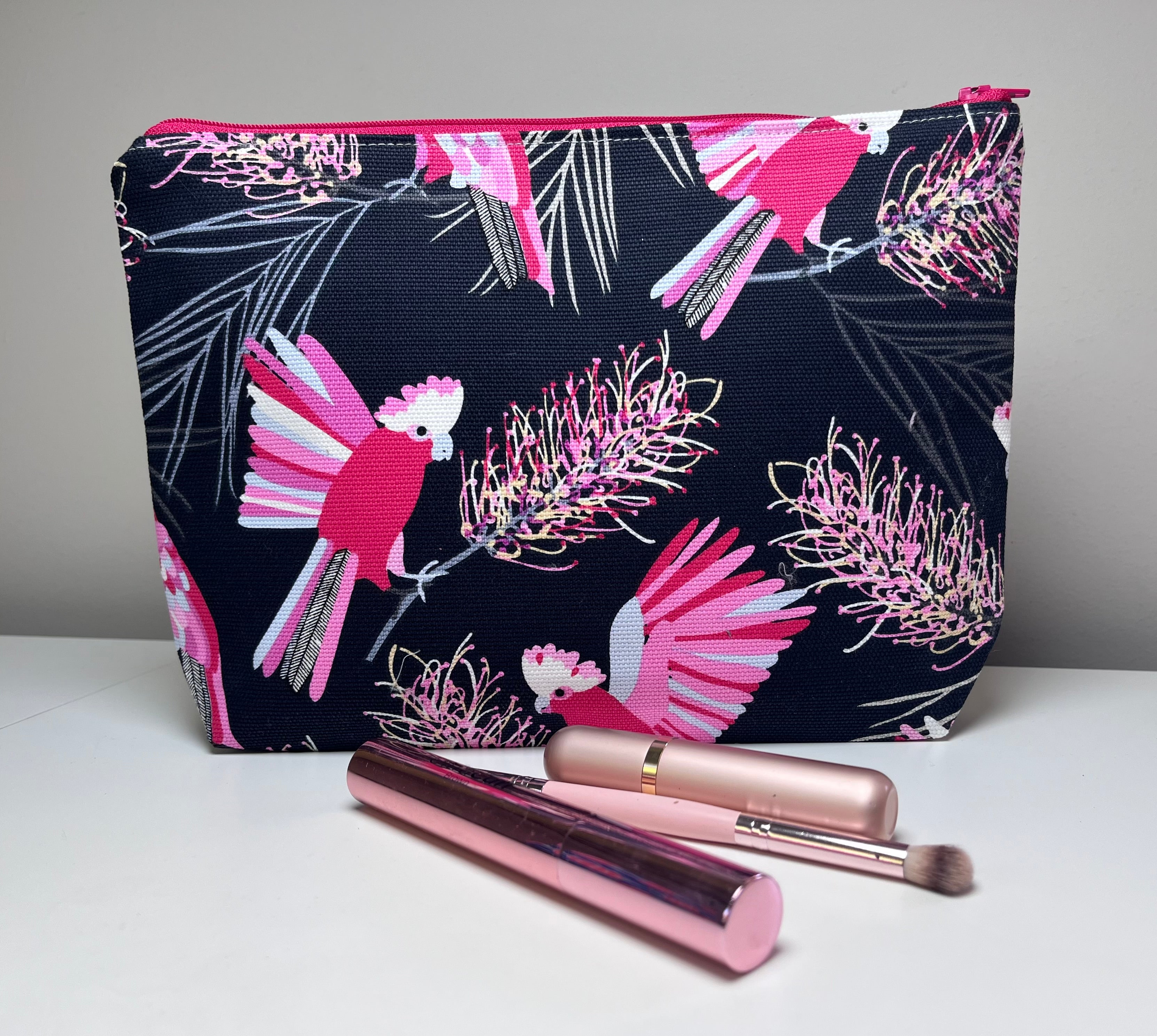 Black and pink galahs toiletries bag