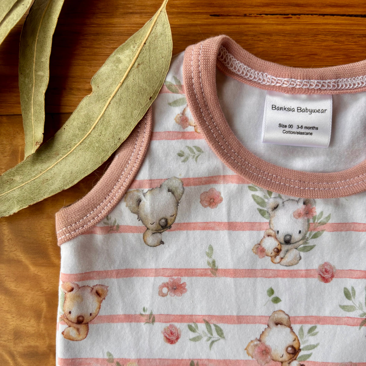 Baby Tank Bodysuit | Pink Koala Stripe | Size premmie to 2 | Made to order