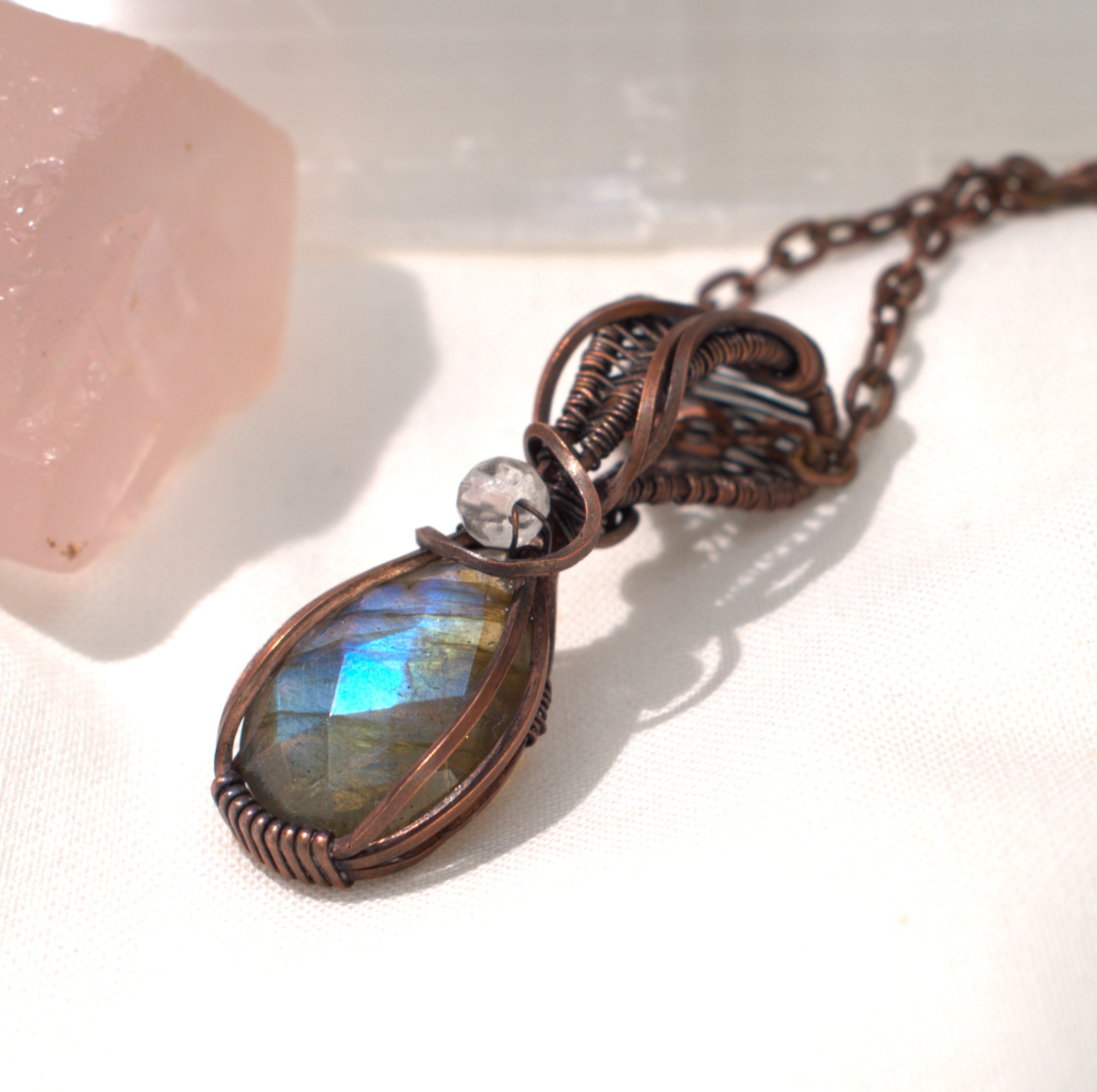 Velvet Tides – Labradorite & Clear Quartz Copper Pendant.