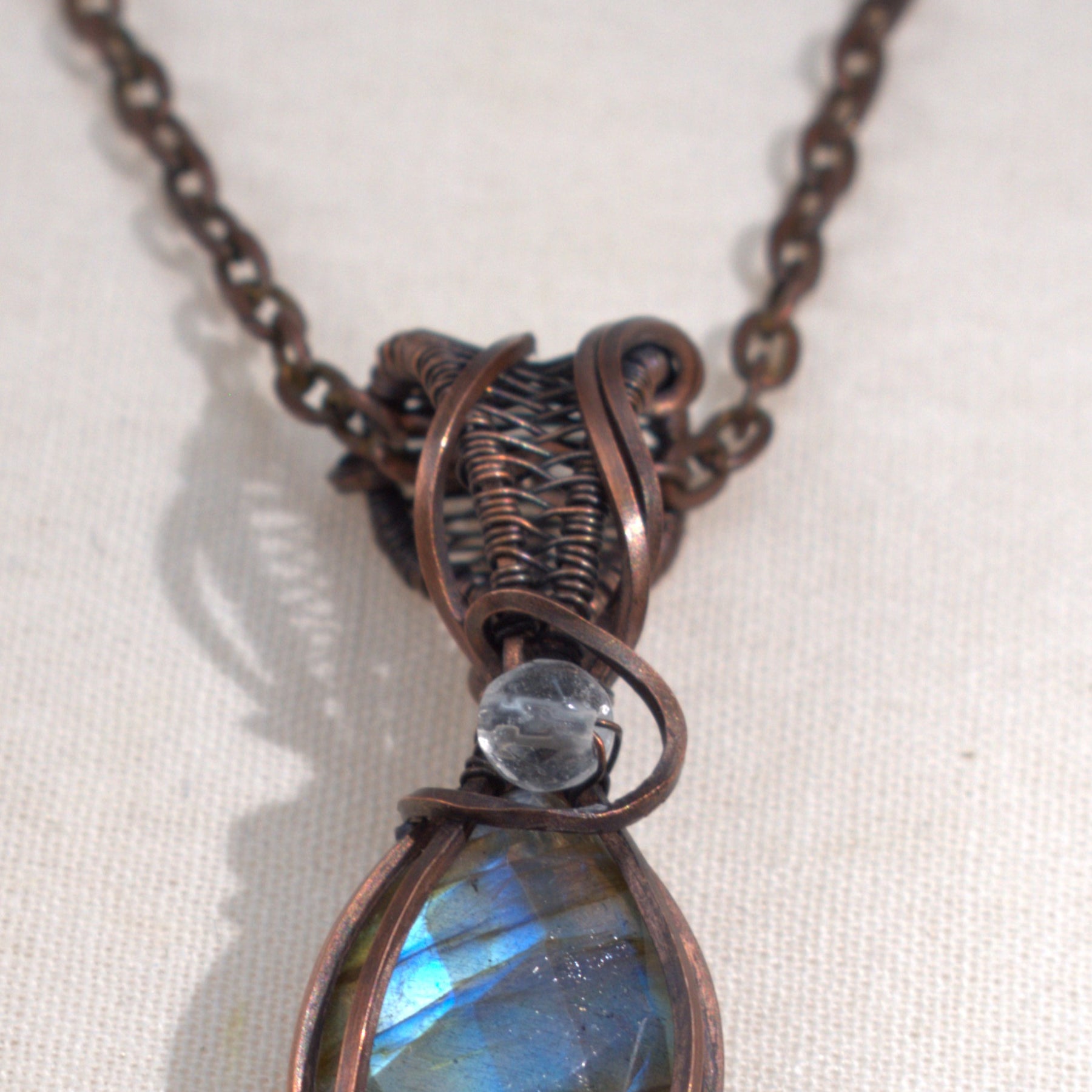 Velvet Tides – Labradorite & Clear Quartz Copper Pendant.