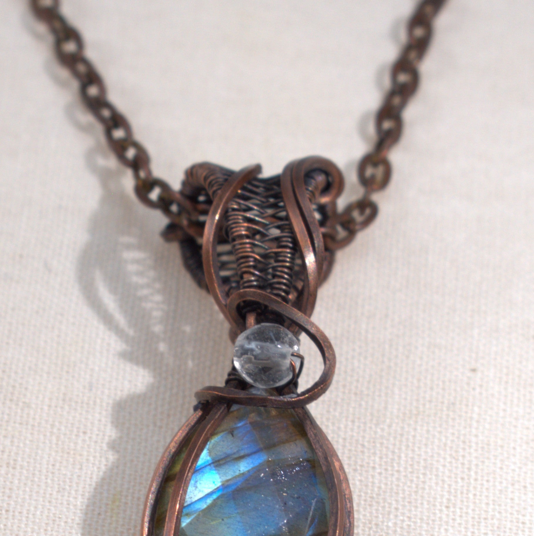 Velvet Tides – Labradorite & Clear Quartz Copper Pendant.