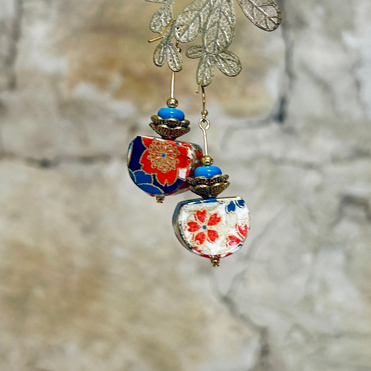 Earrings Floral Japanese Washi Paper Orange Blue White - EB-124