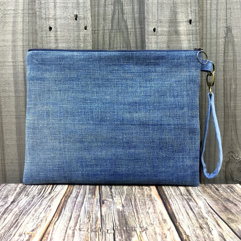 Large Upcycled Denim Patchwork Pouch - Ring zipper pull