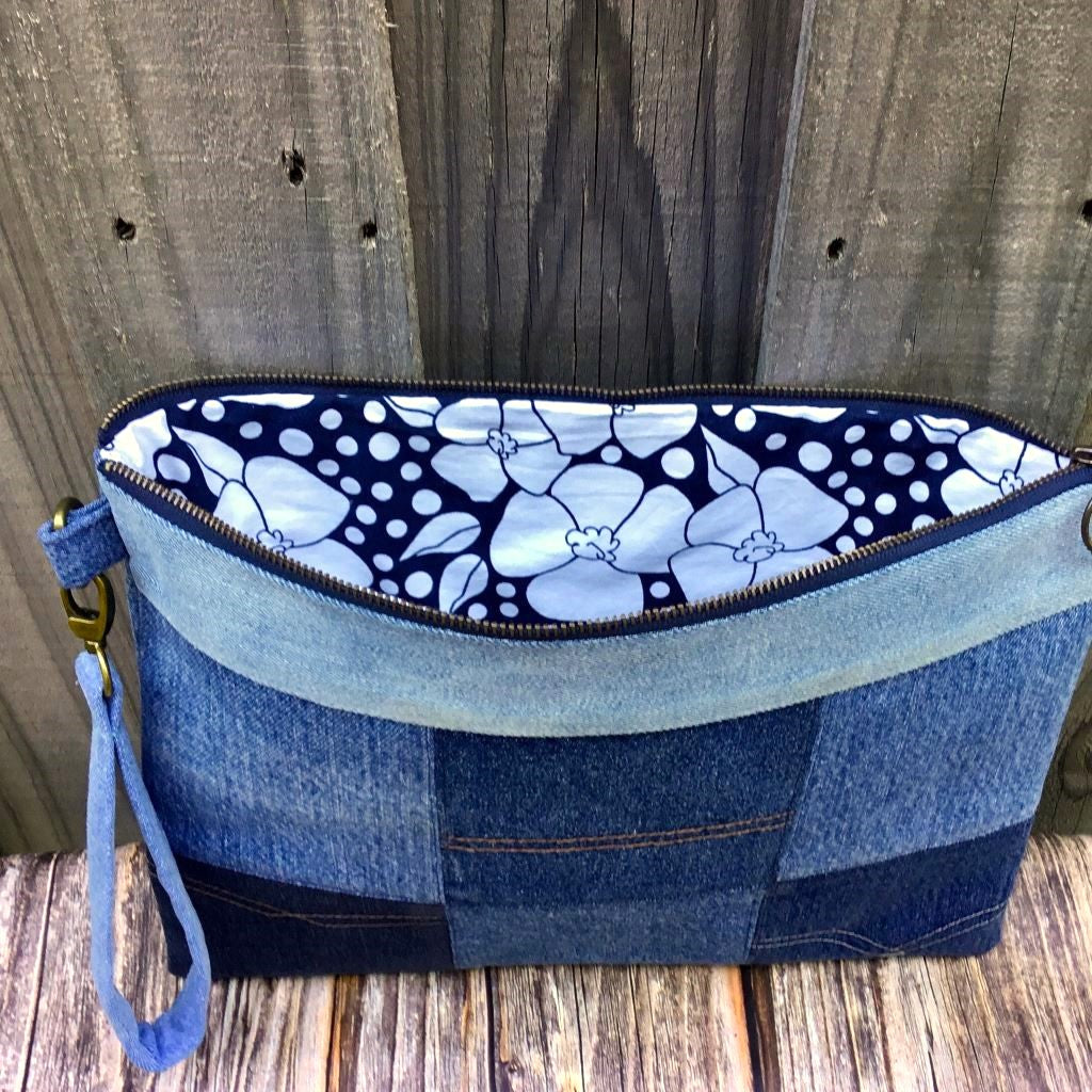 Large Upcycled Denim Patchwork Pouch - Ring zipper pull