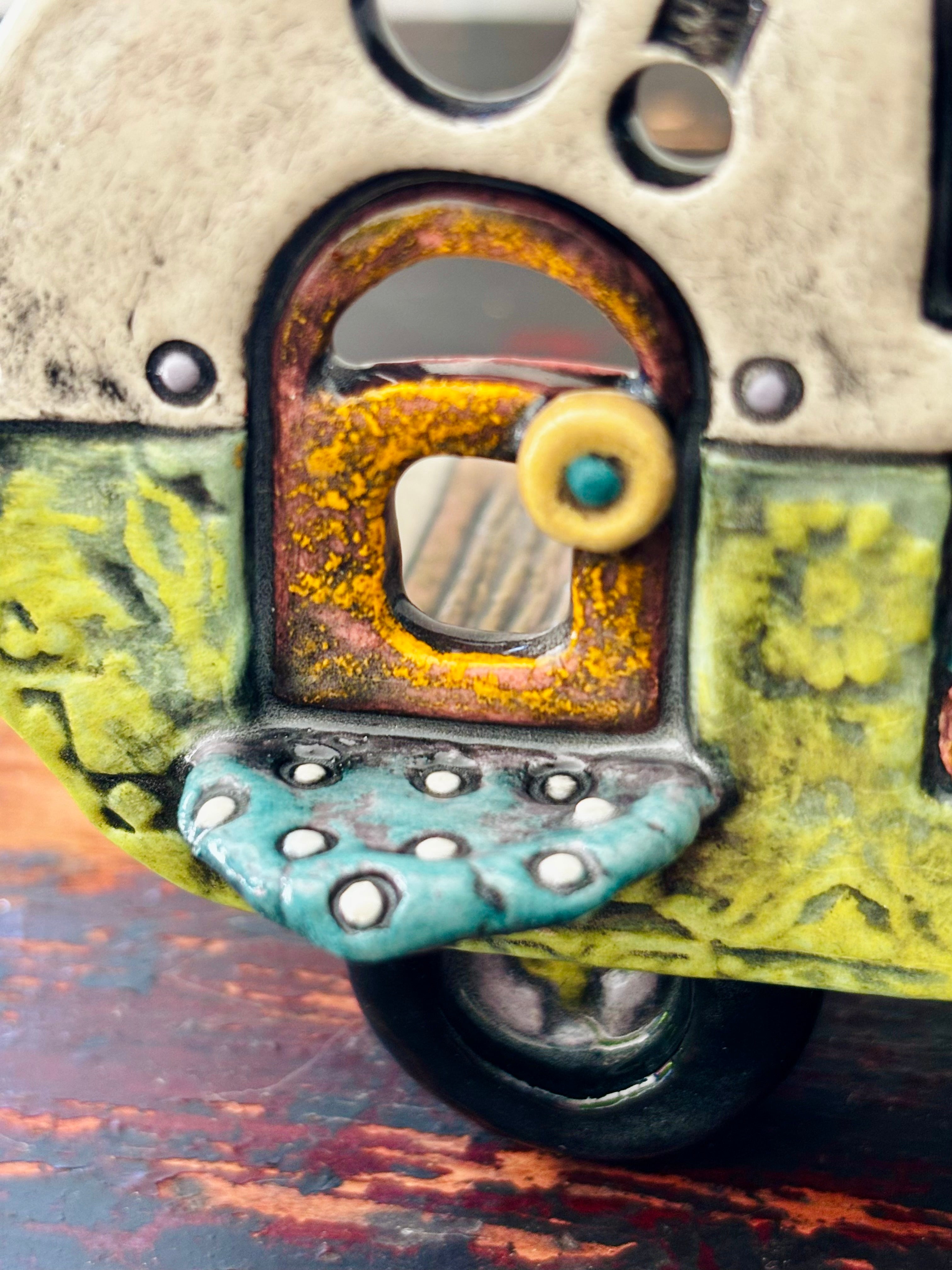 Handmade Ceramic Caravan Tea Light Lantern (Green)
