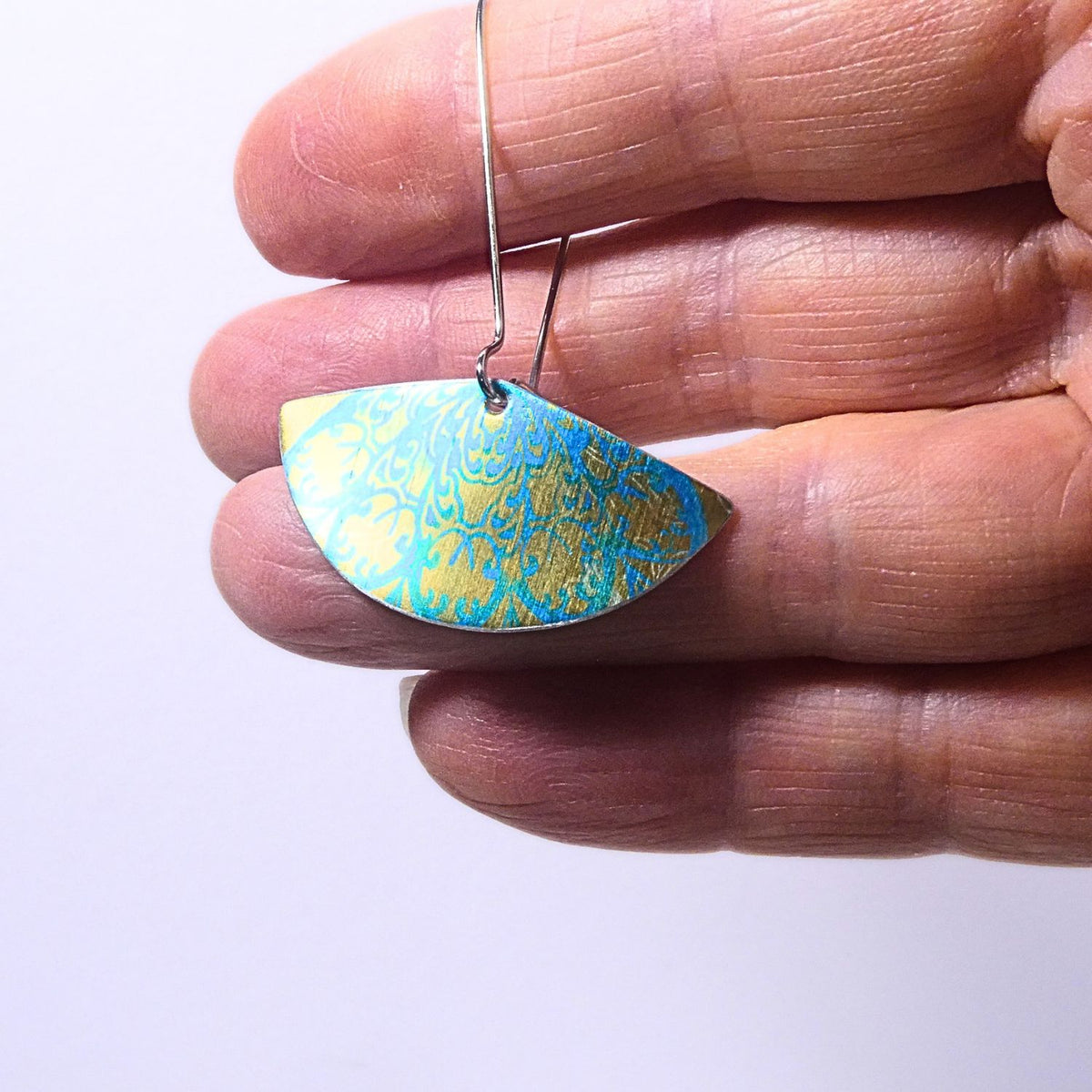 Hand printed anodised aluminium earrings - Persian Blue Collection