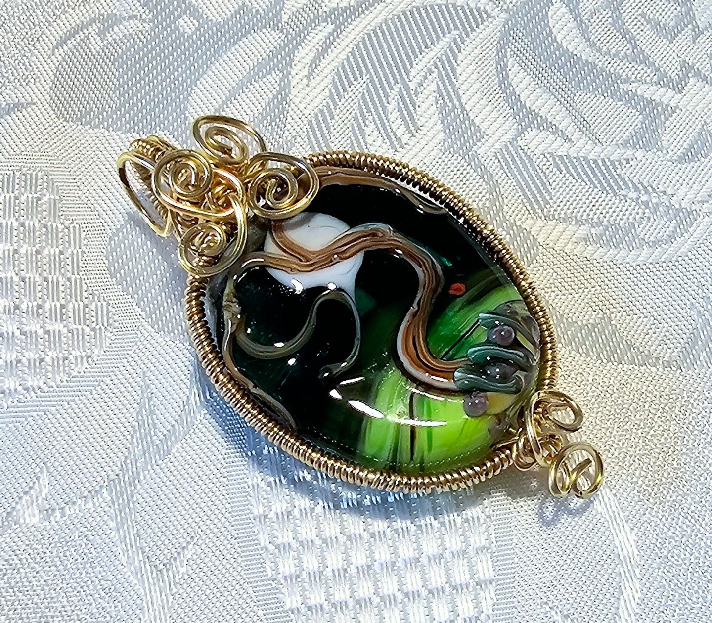 Large Green Lampwork Pendant Wirewrapped in Brass POST FREE