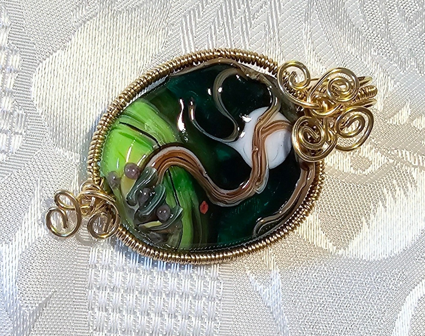 Large Green Lampwork Pendant Wirewrapped in Brass POST FREE