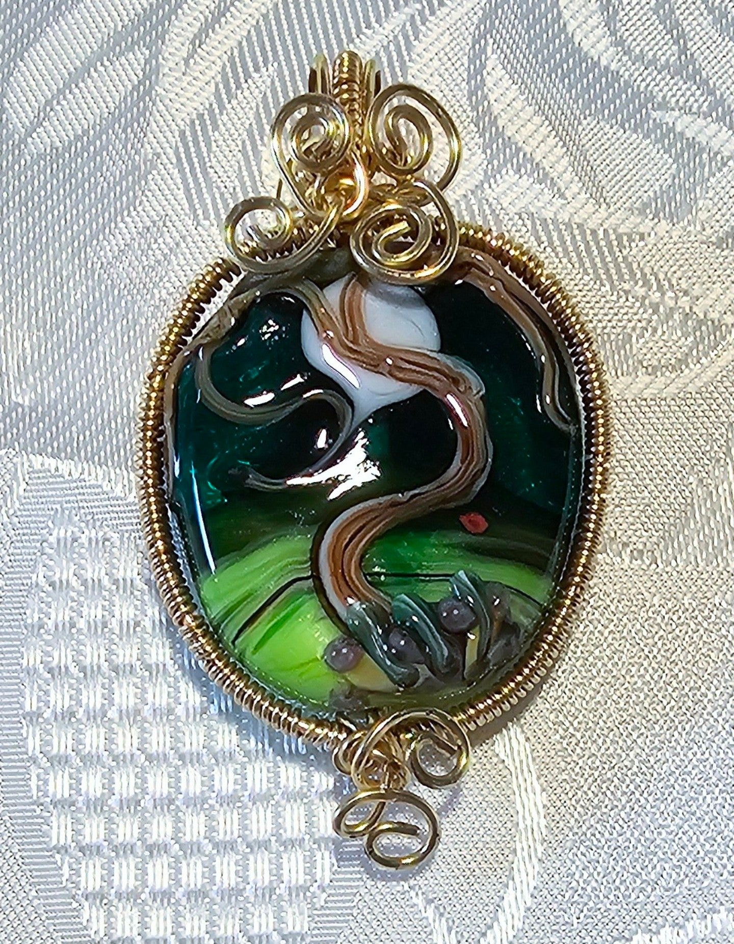 Large Green Lampwork Pendant Wirewrapped in Brass POST FREE