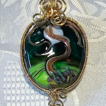 Large Green Lampwork Pendant Wirewrapped in Brass POST FREE