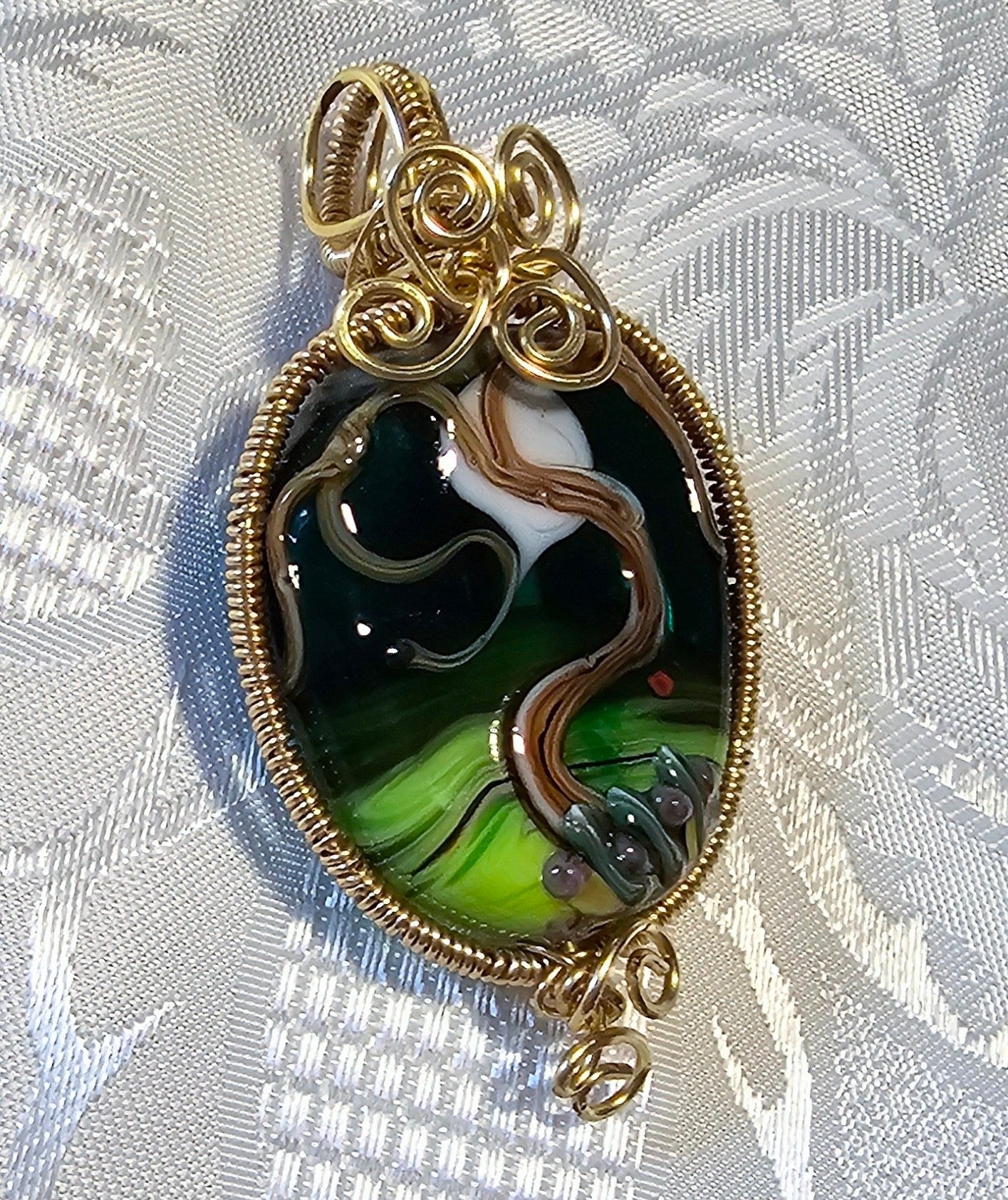 Large Green Lampwork Pendant Wirewrapped in Brass POST FREE
