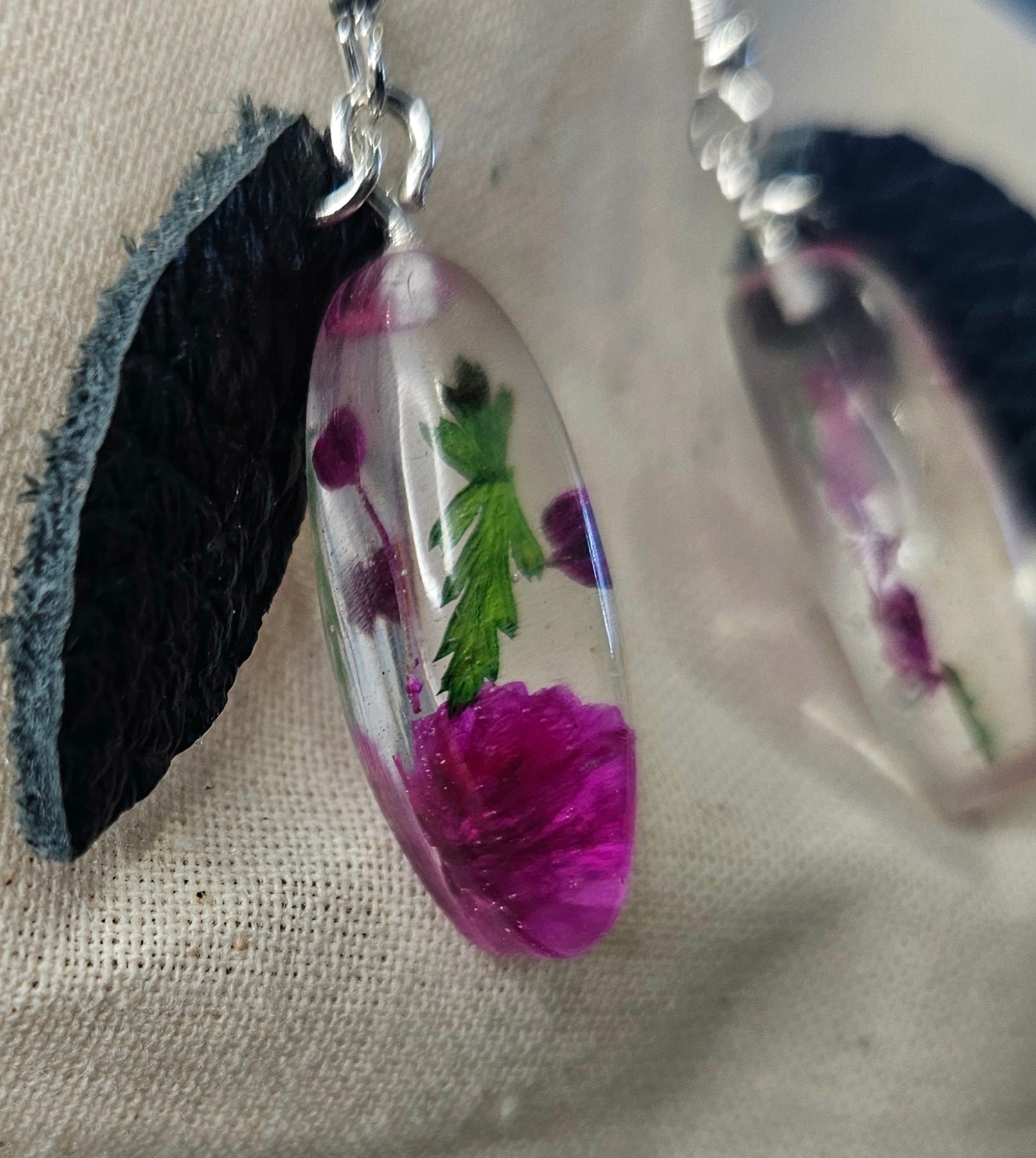 Handmade Bright Pink Floral Resin & Leather Earrings 🌿