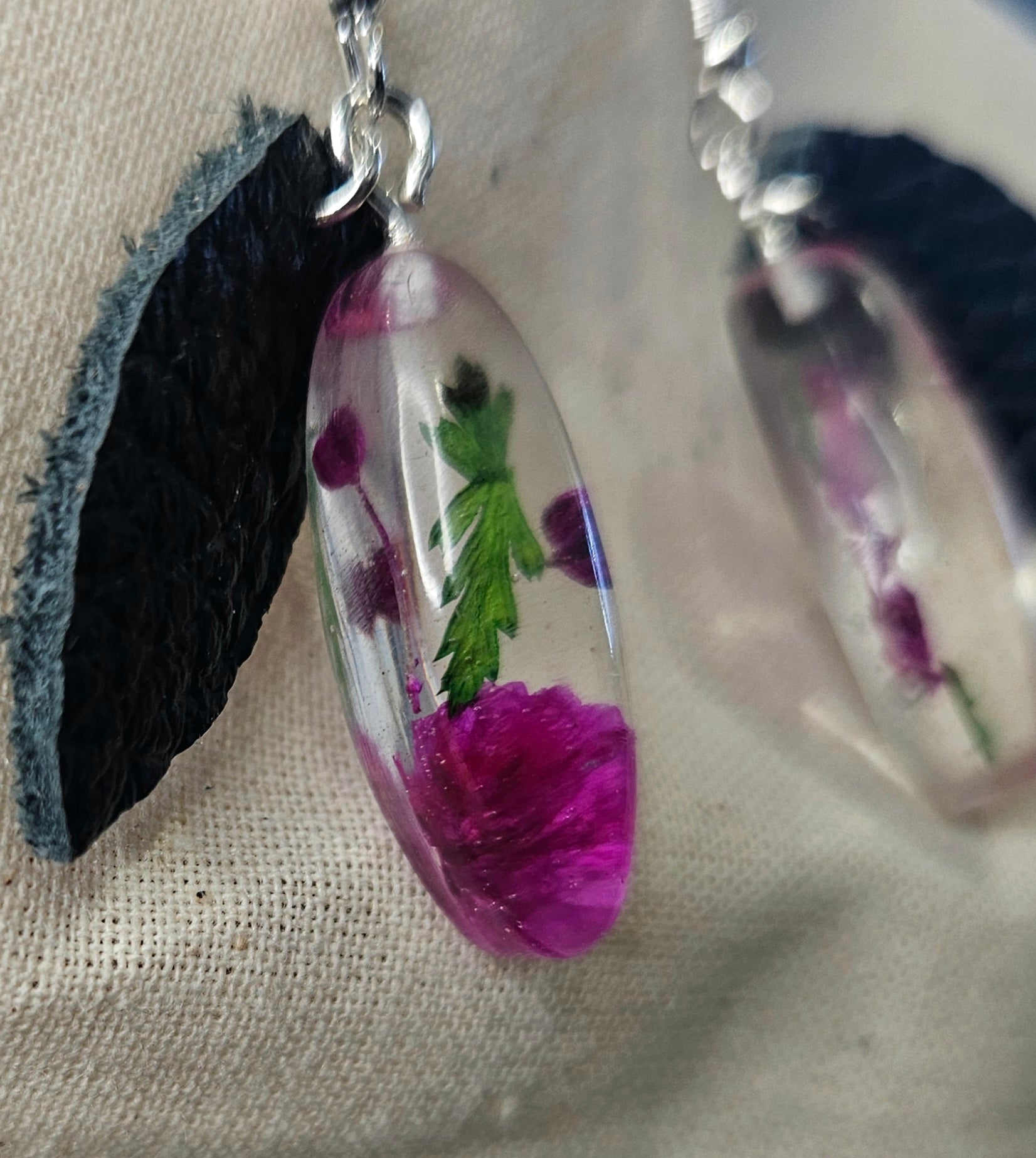 Handmade Bright Pink Floral Resin & Leather Earrings 🌿