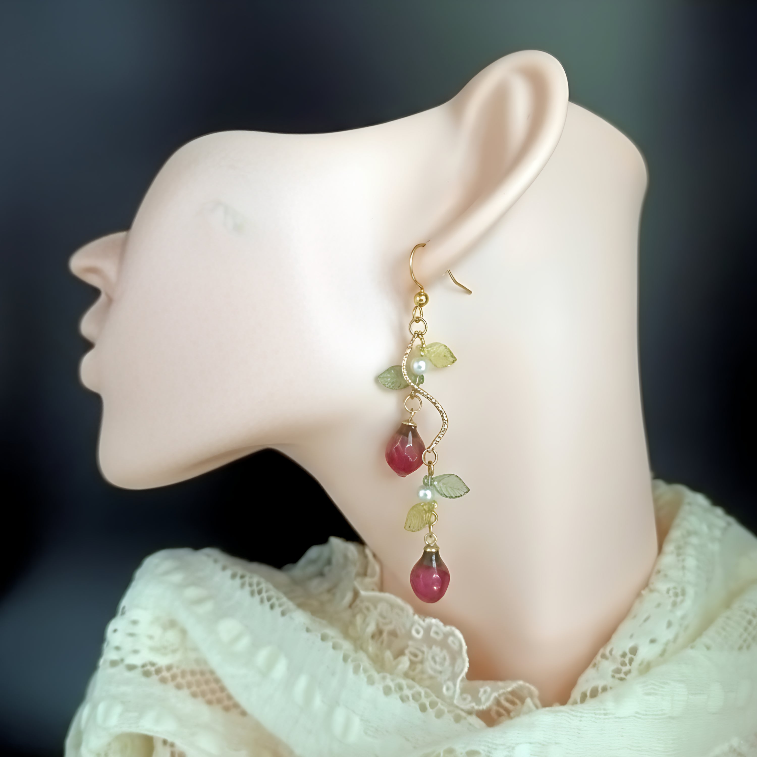 Golden Vine with Real Mini Rose Buds Earrings