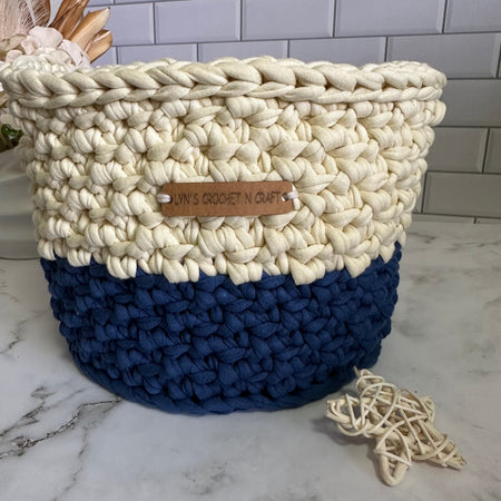 Handmade Crocheted Basket – Blue & Cream - Eco-Friendly Storage