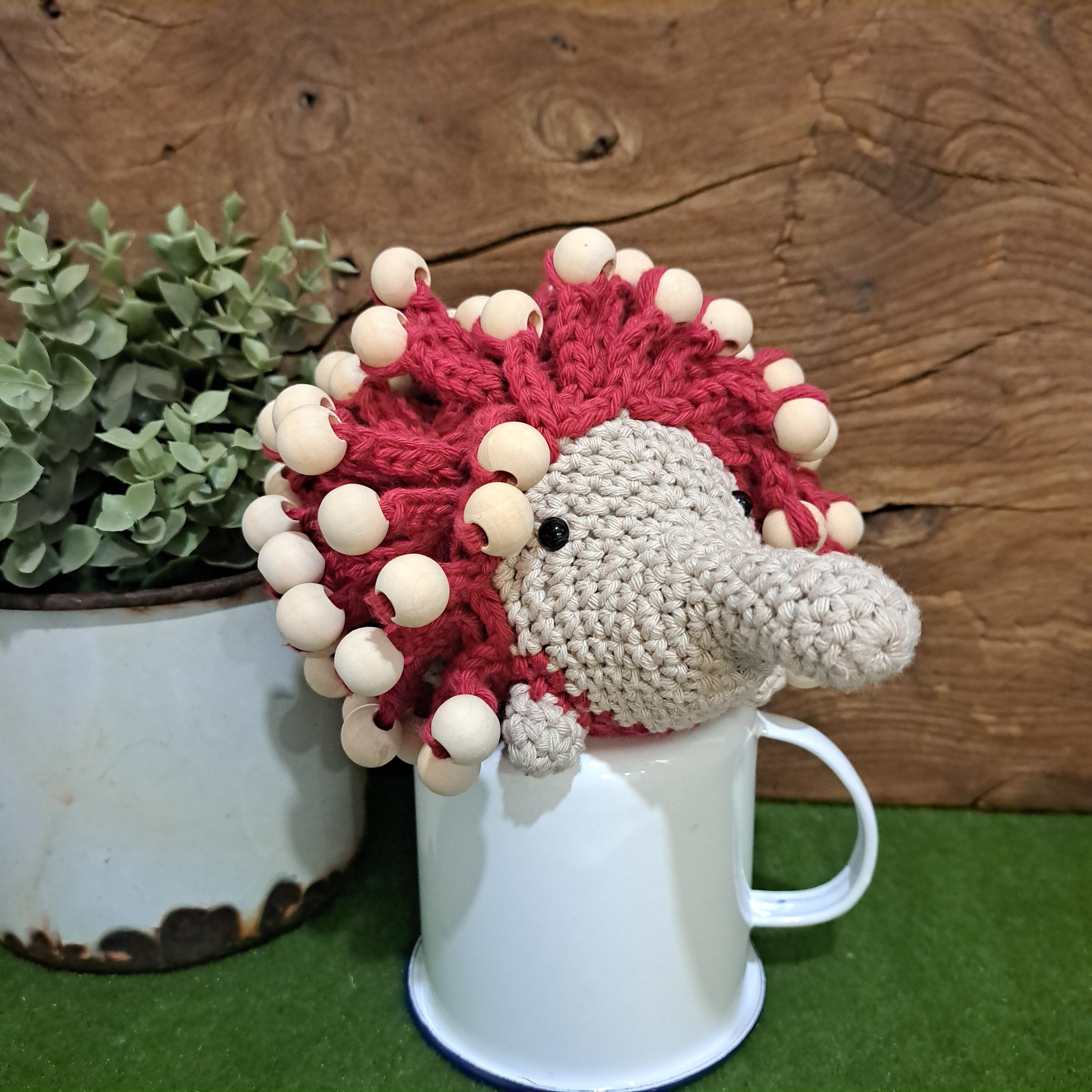 Handmade crochet echidna red cotton wooden beads