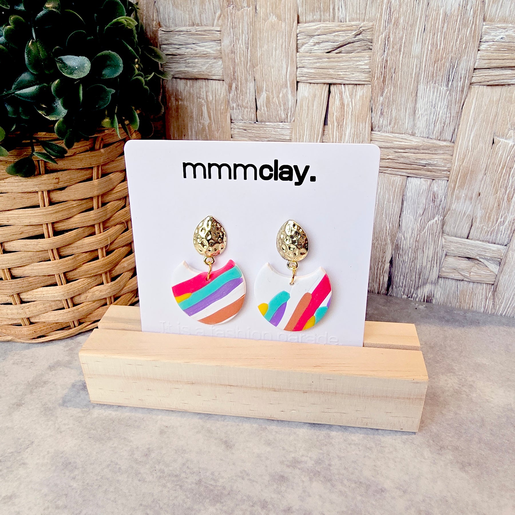 White Rainbow Striped Polymer Clay Drop Earrings
