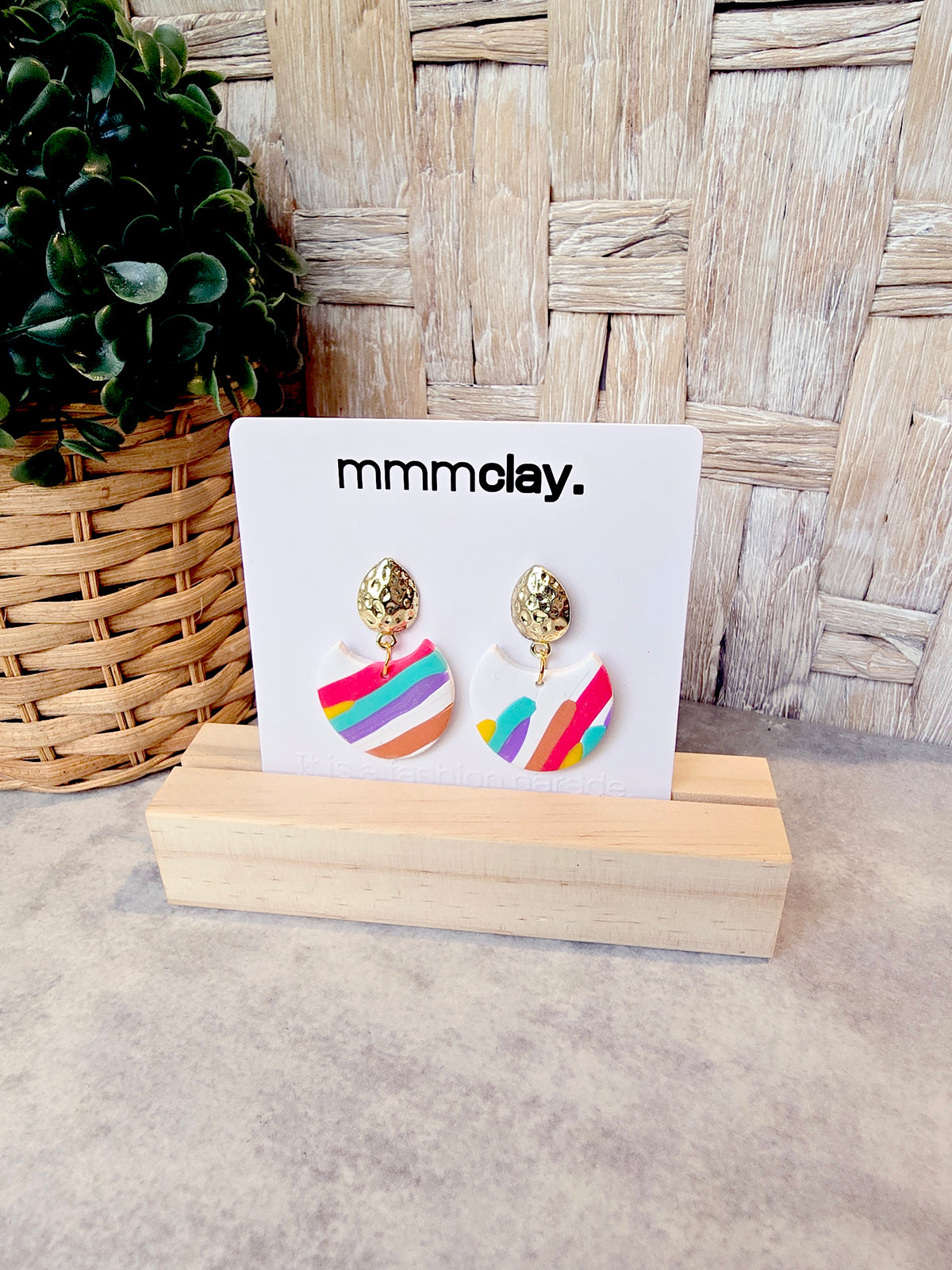 White Rainbow Striped Polymer Clay Drop Earrings