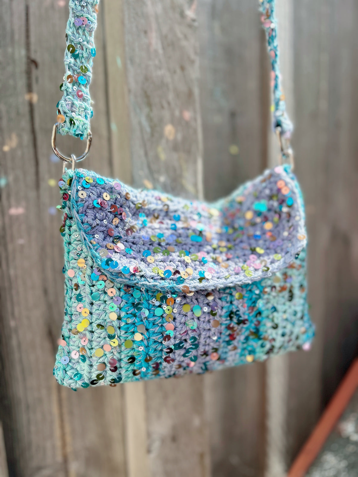 Handmade Cotton Crochet Sequin Crossbody Bag, Sparkly Statement Bag